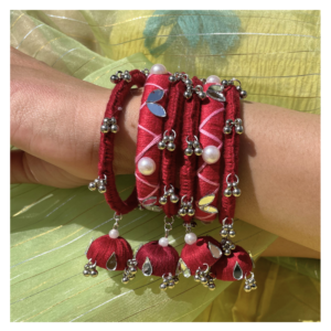 Handmade cotton thread bangle ruby royale ghunghru mirror work pearl SauGaat Uttarakhand