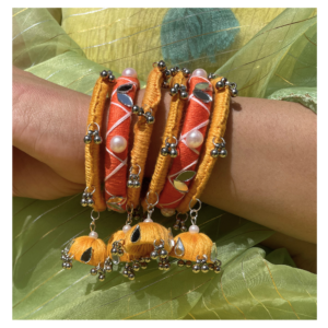 Handmade cotton thread bangle royale mustard ghunghru mirror work pearl SauGaat Uttarakhand