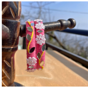 SauGaat Handcrafted Pink Mirror-Work Cotton Thread Bangles (Set of 2)