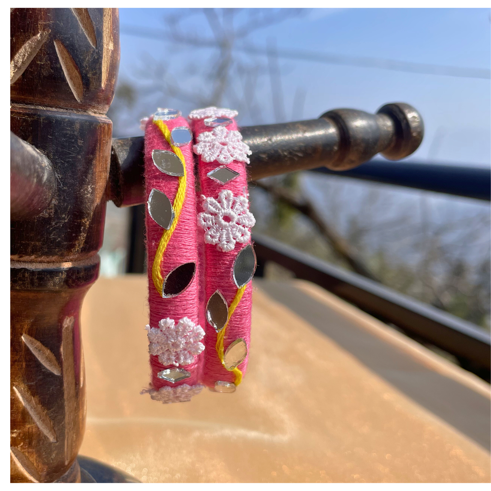 SauGaat Handcrafted Pink Mirror-Work Cotton Thread Bangles (Set of 2)