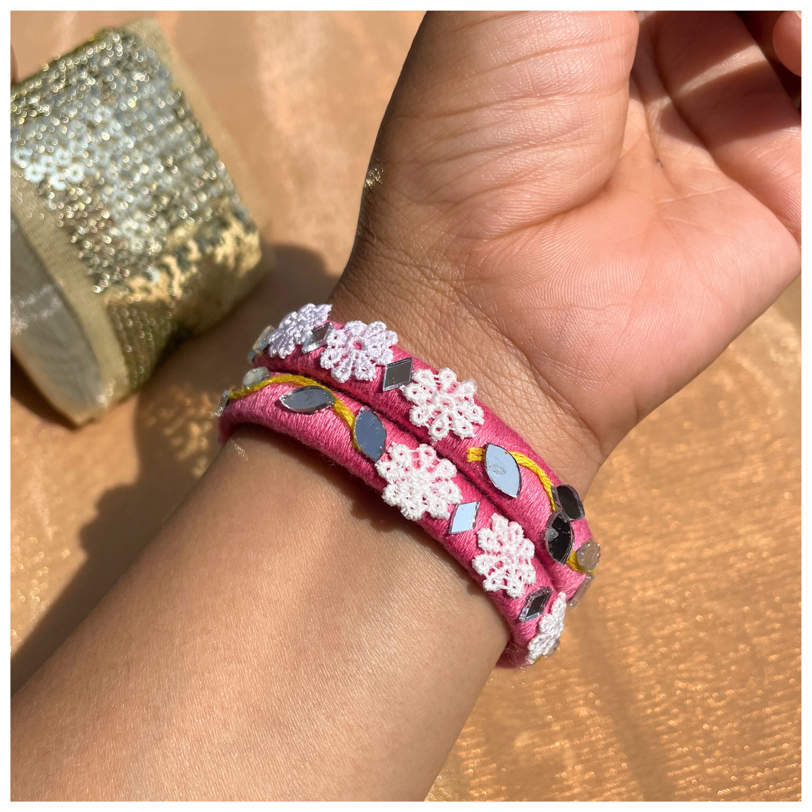 SauGaat Handcrafted Pink Mirror-Work Cotton Thread Bangles (Set of 2)
