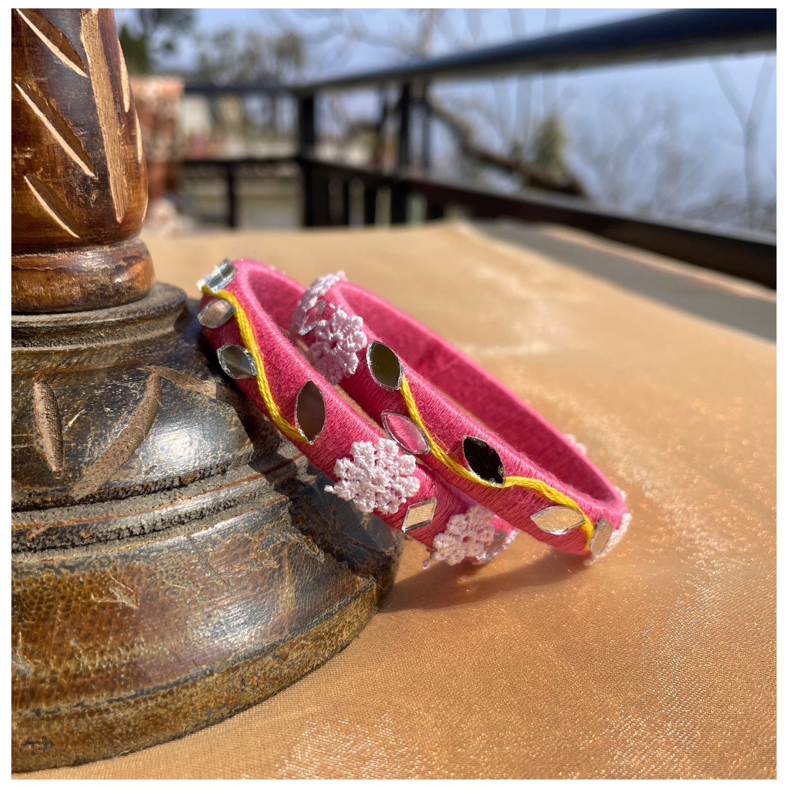 SauGaat Handcrafted Pink Mirror-Work Cotton Thread Bangles (Set of 2)