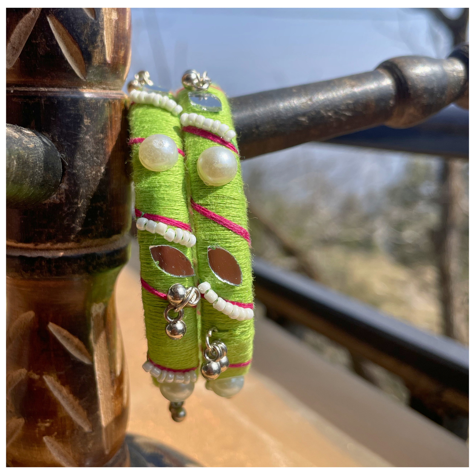 SauGaat Handcrafted Parrot Green & Silver, Mirror-Work Cotton Thread Bangles (Set of 2)