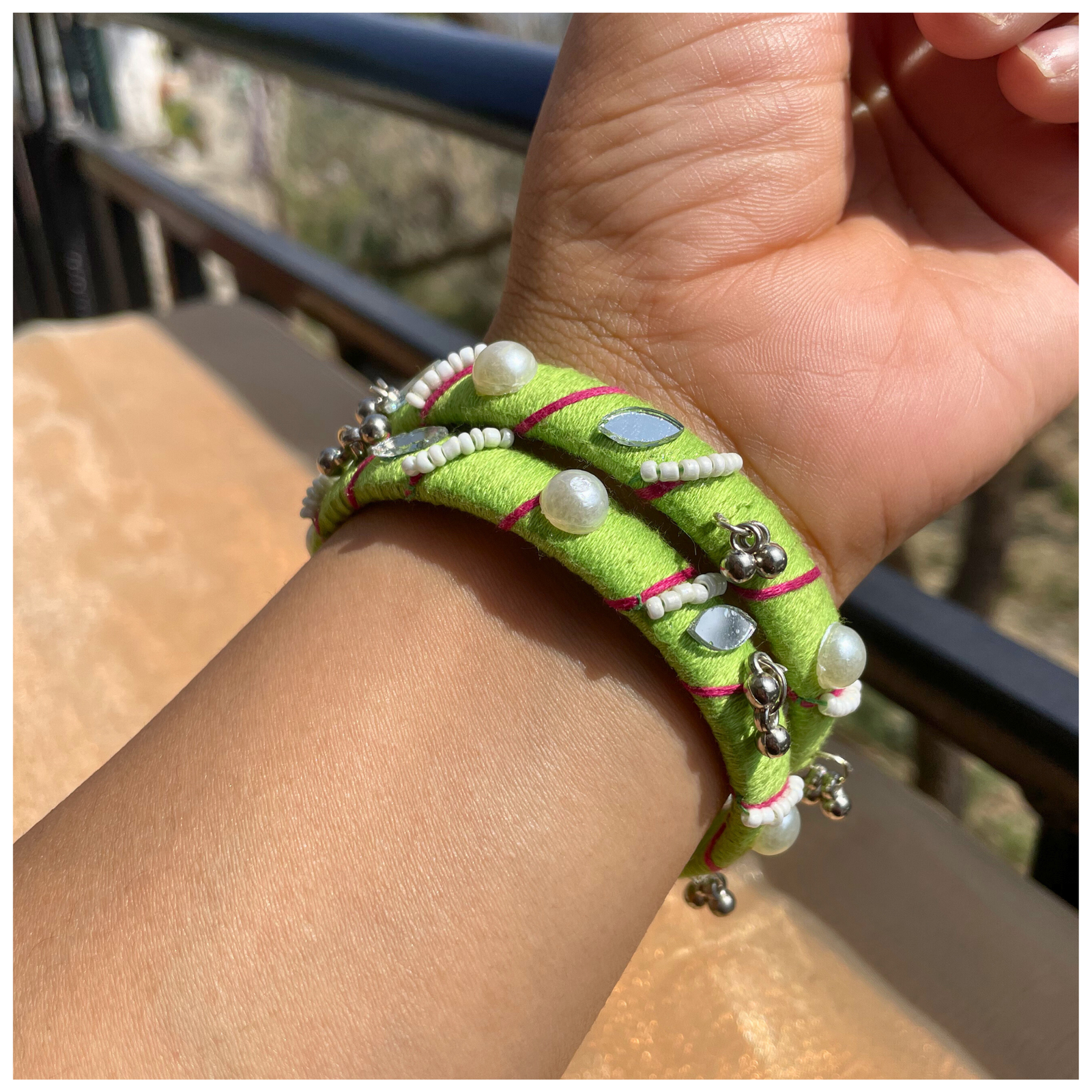 SauGaat Handcrafted Parrot Green & Silver, Mirror-Work Cotton Thread Bangles (Set of 2)