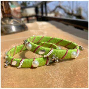 SauGaat Handcrafted Parrot Green & Silver, Mirror-Work Cotton Thread Bangles (Set of 2)