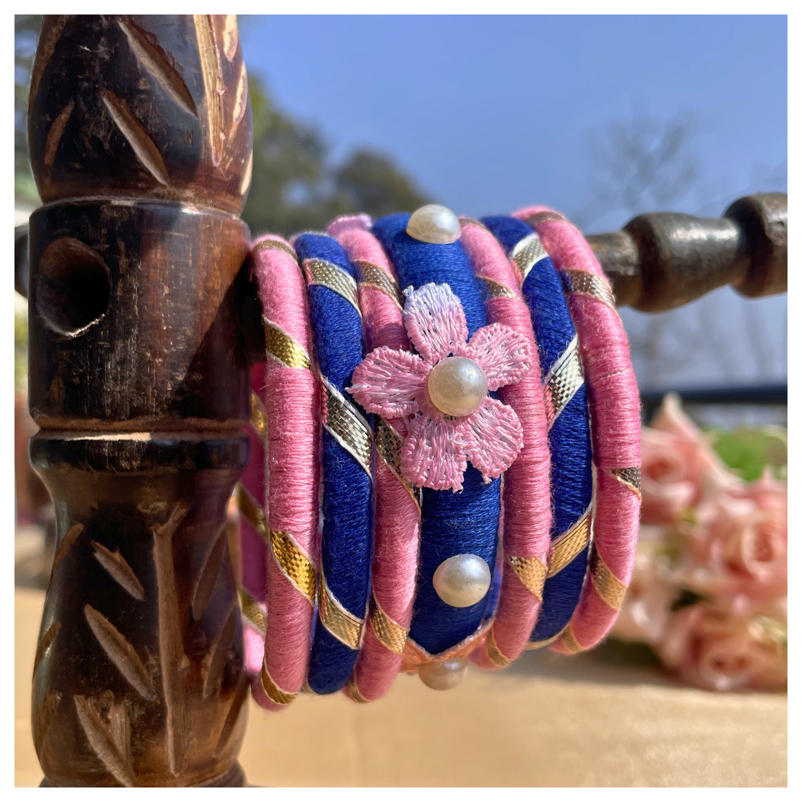 Pink & Navy Blue Pearl-Embellished Bangle Set