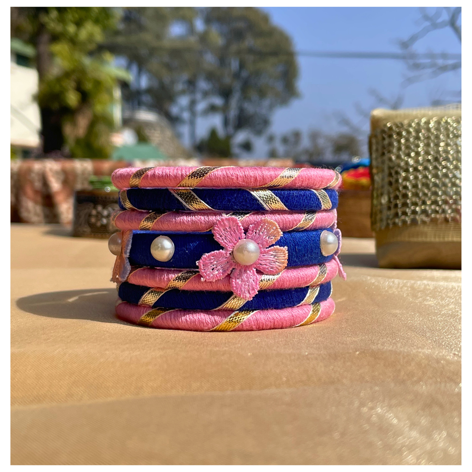 Pink & Navy Blue Pearl-Embellished Bangle Set