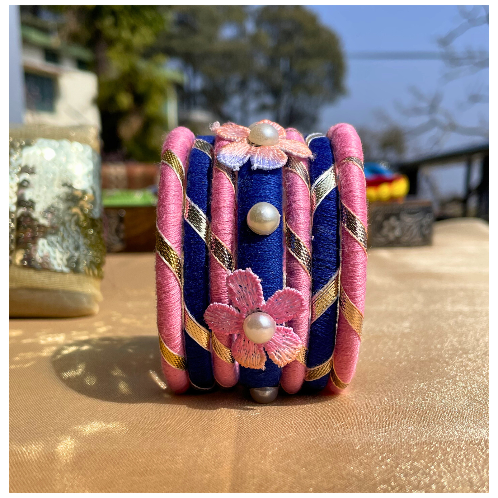 Pink & Navy Blue Pearl-Embellished Bangle Set