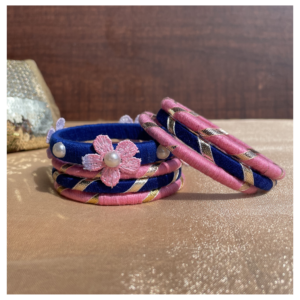 Pink & Navy Blue Pearl-Embellished Bangle Set