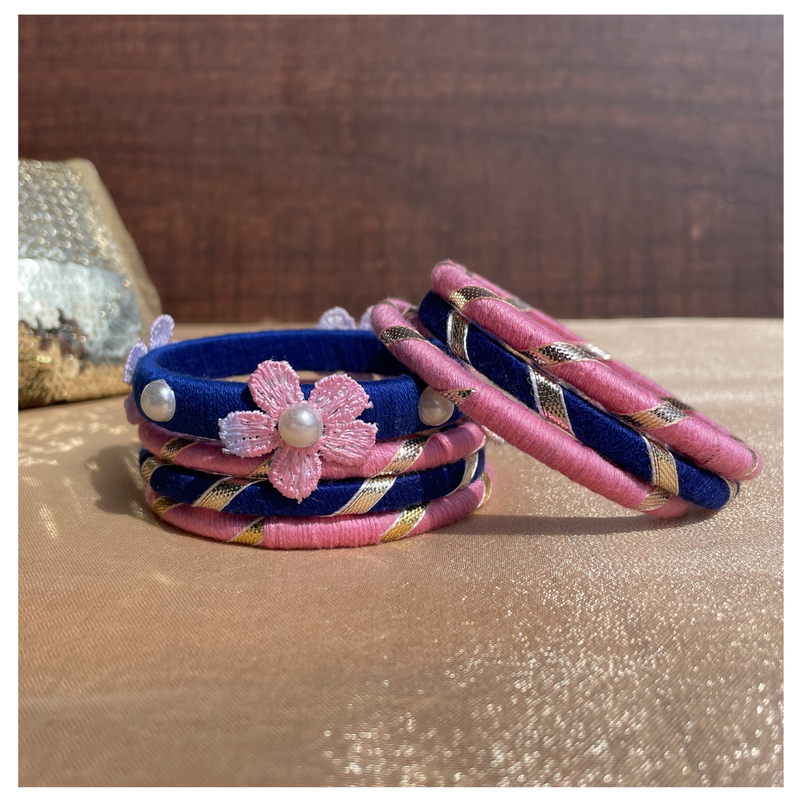 Pink & Navy Blue Pearl-Embellished Bangle Set
