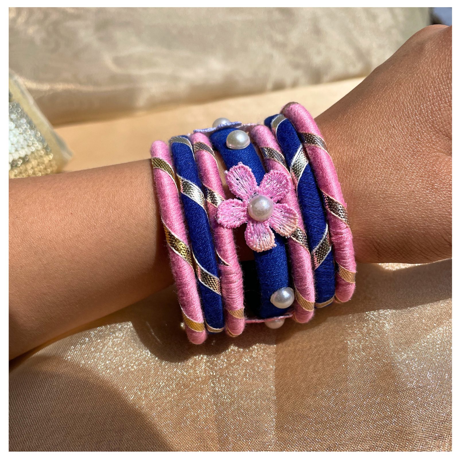 Pink & Navy Blue Pearl-Embellished Bangle Set