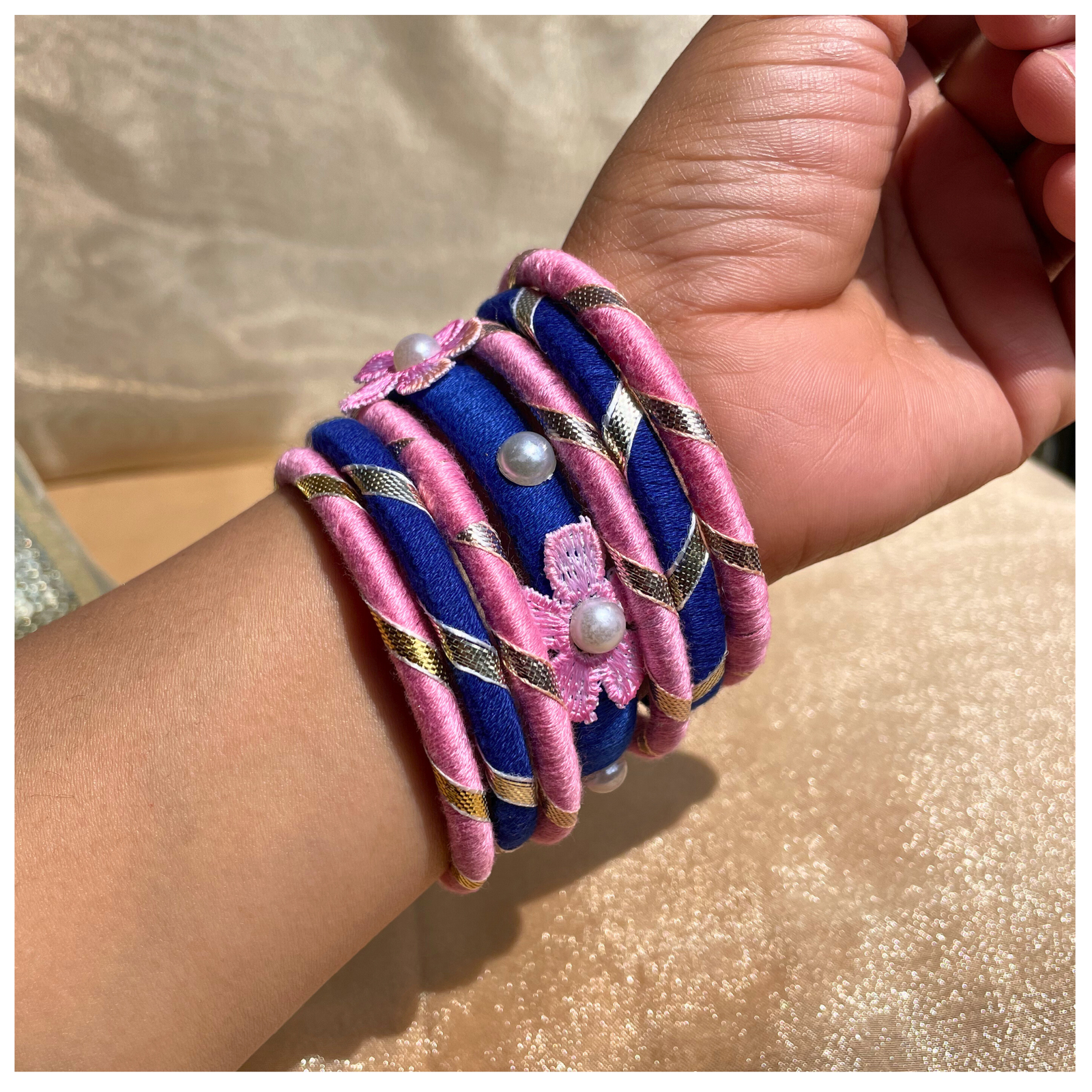 Pink & Navy Blue Pearl-Embellished Bangle Set