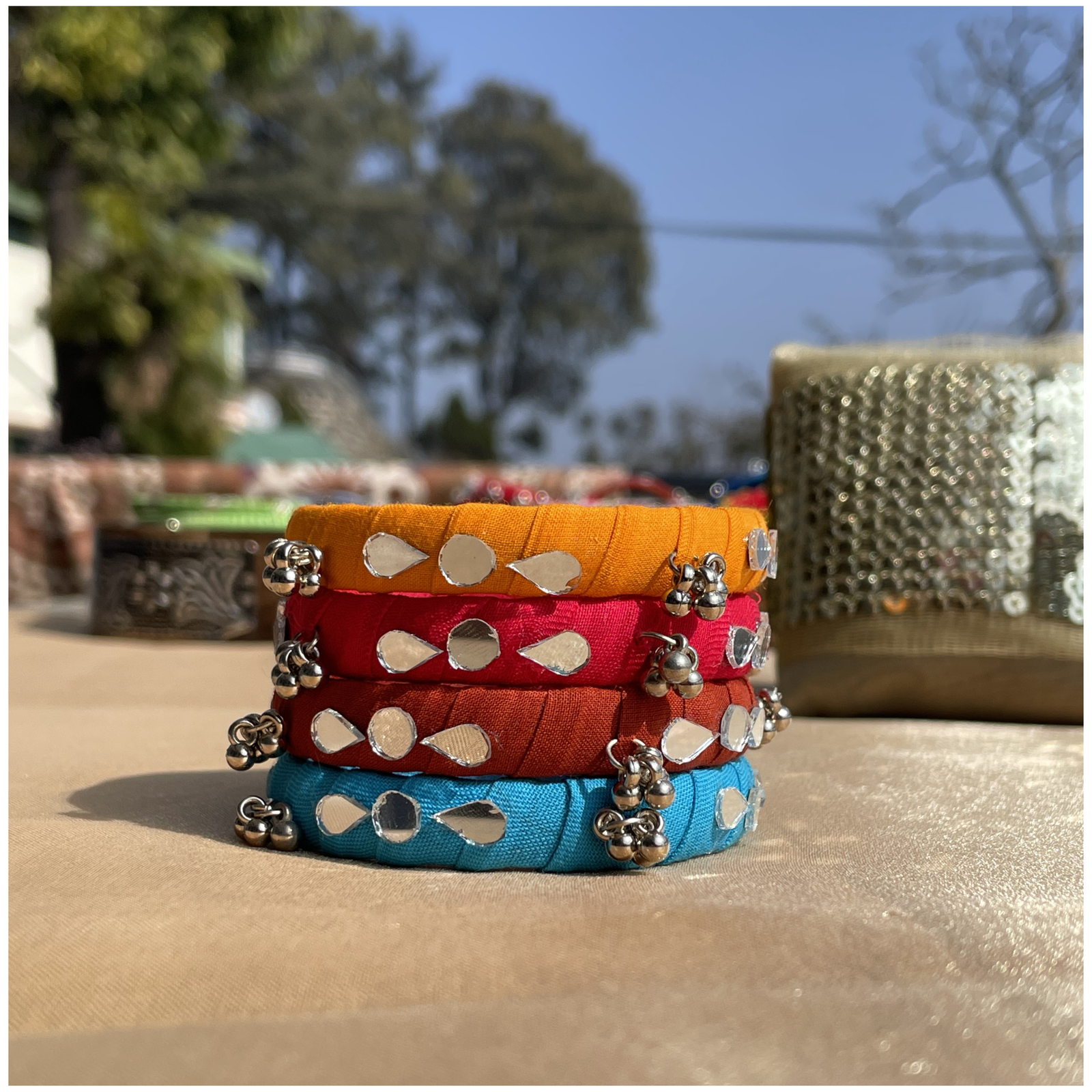 Mirror ,Tassels and Cotton-Wrapped Bangle Set