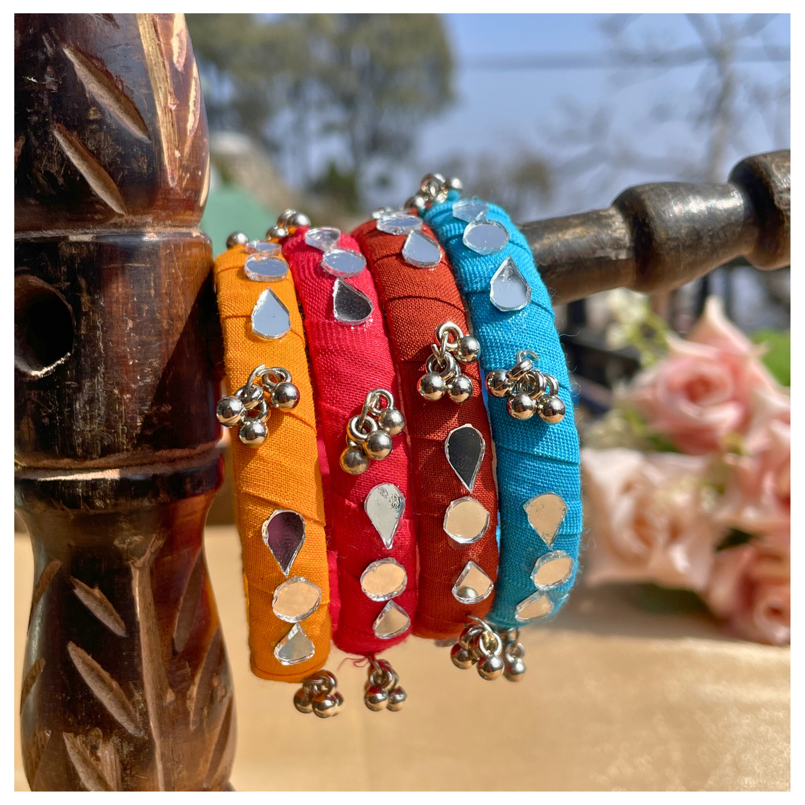 Mirror ,Tassels and Cotton-Wrapped Bangle Set