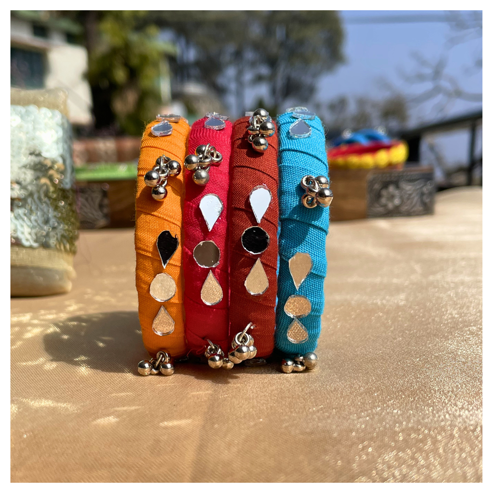 Mirror ,Tassels and Cotton-Wrapped Bangle Set
