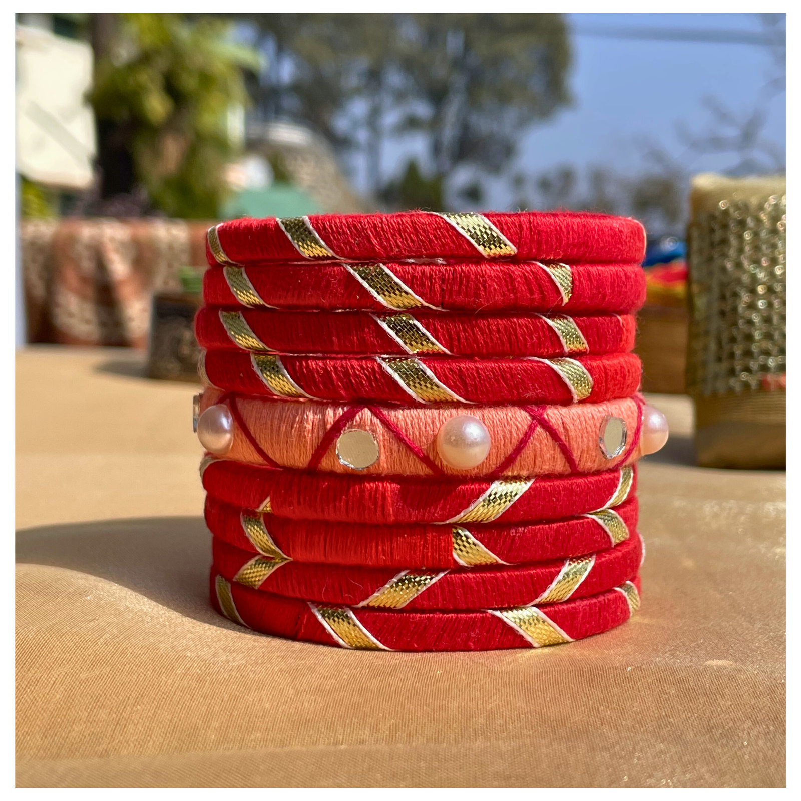 Classic Red Thread Bangles with Pearl Embellishments
