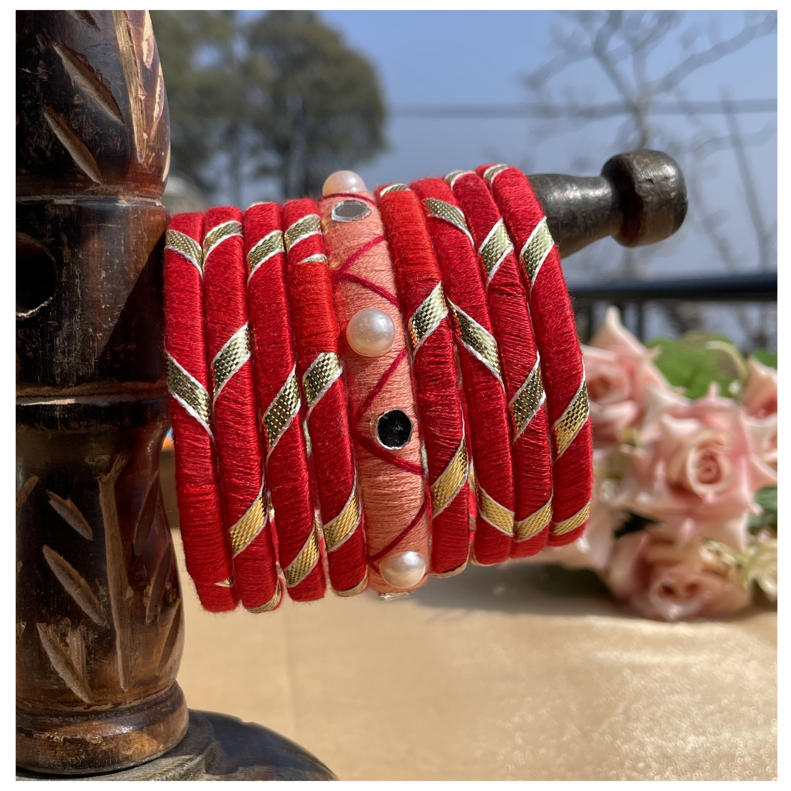 Classic Red Thread Bangles with Pearl Embellishments