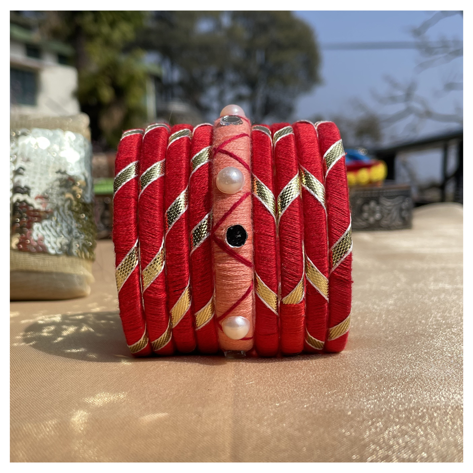 Classic Red Thread Bangles with Pearl Embellishments