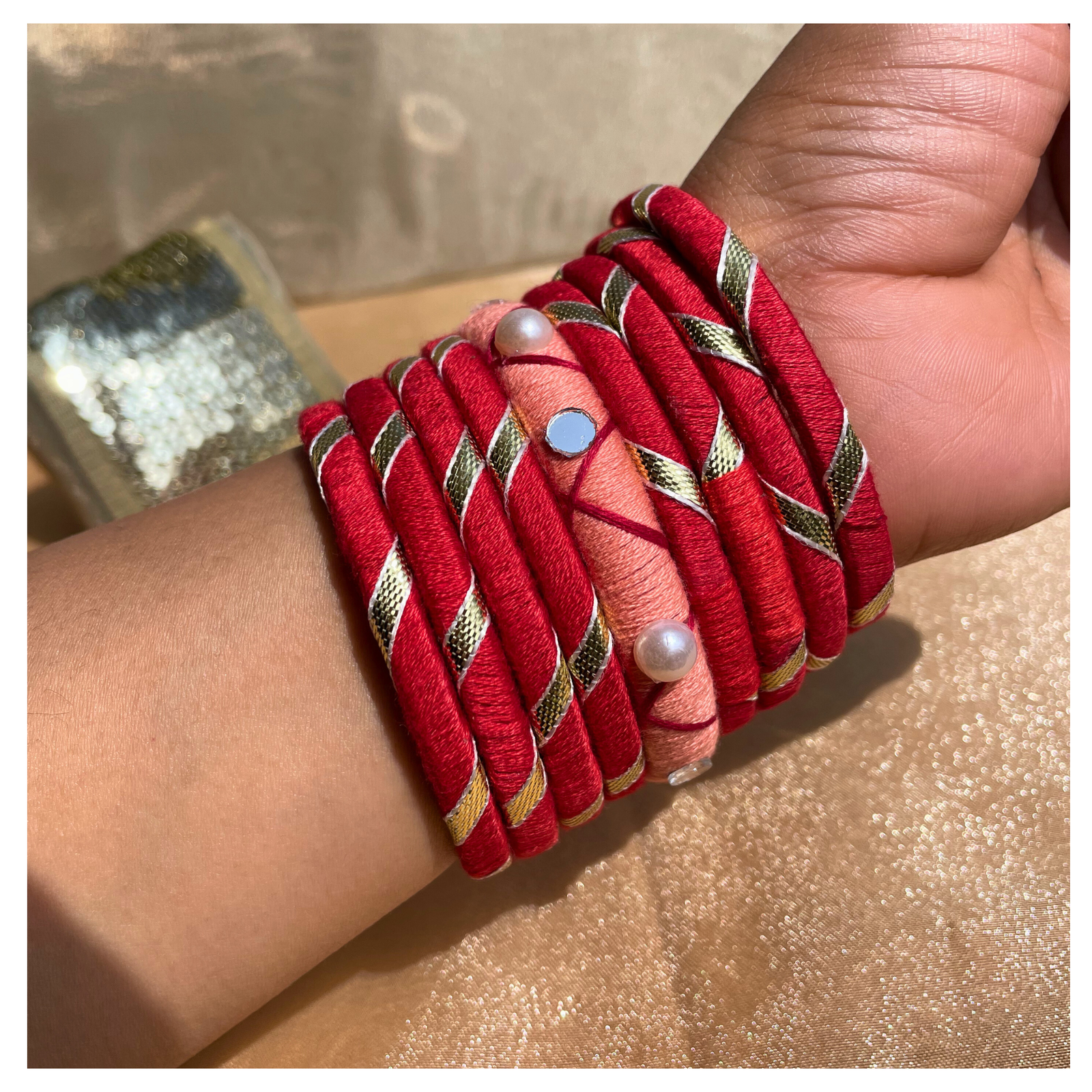 Classic Red Thread Bangles with Pearl Embellishments