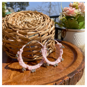 Handmade thread hoop earrings pastel pink ghunghru SauGaat Uttarakhand