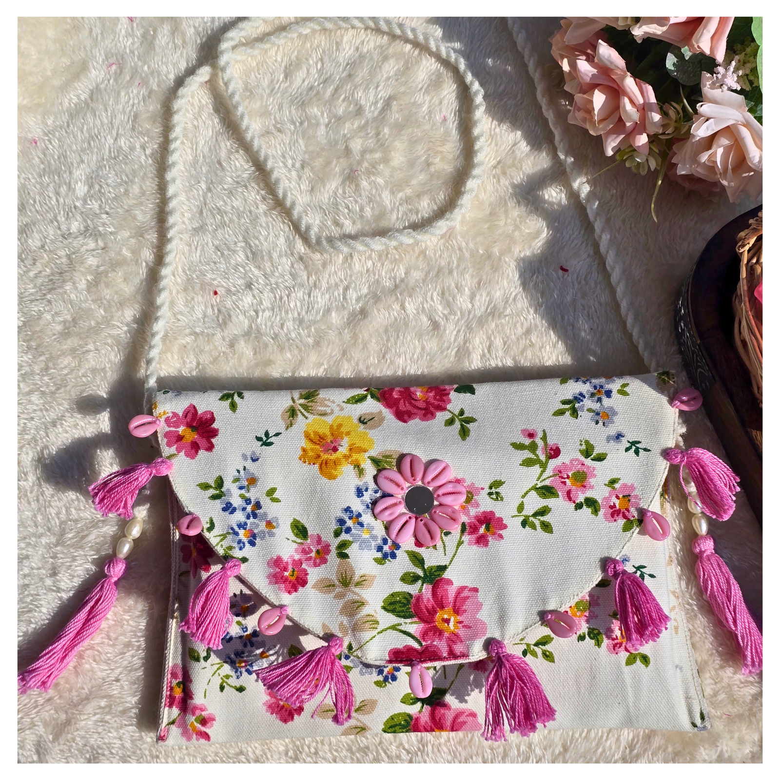 Handmade Floral Tassel Sling Bag for Women