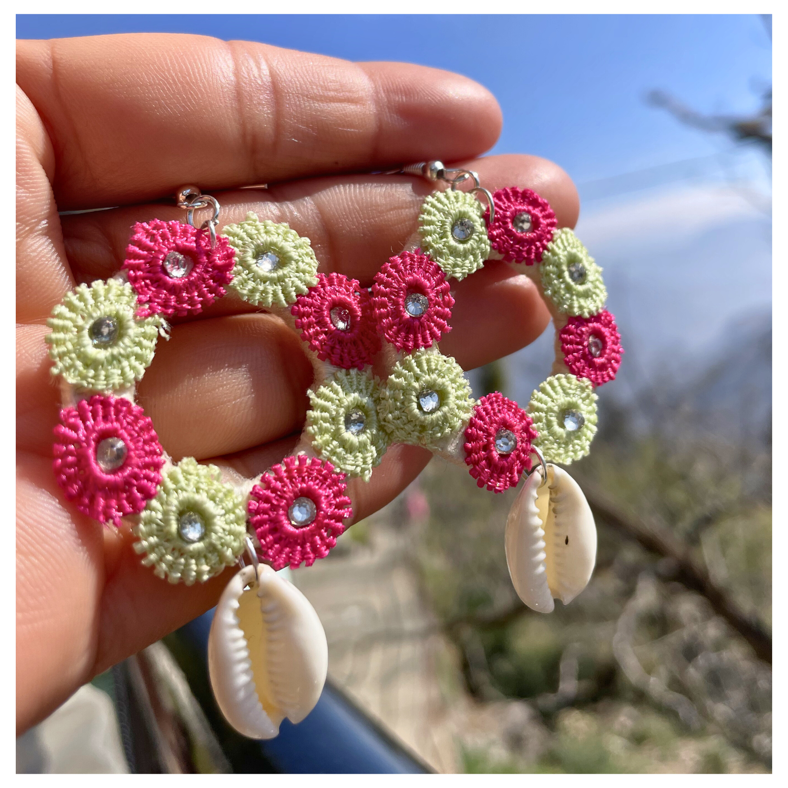 Handmade Floral Shell Hoop  Multi-Color Earrings