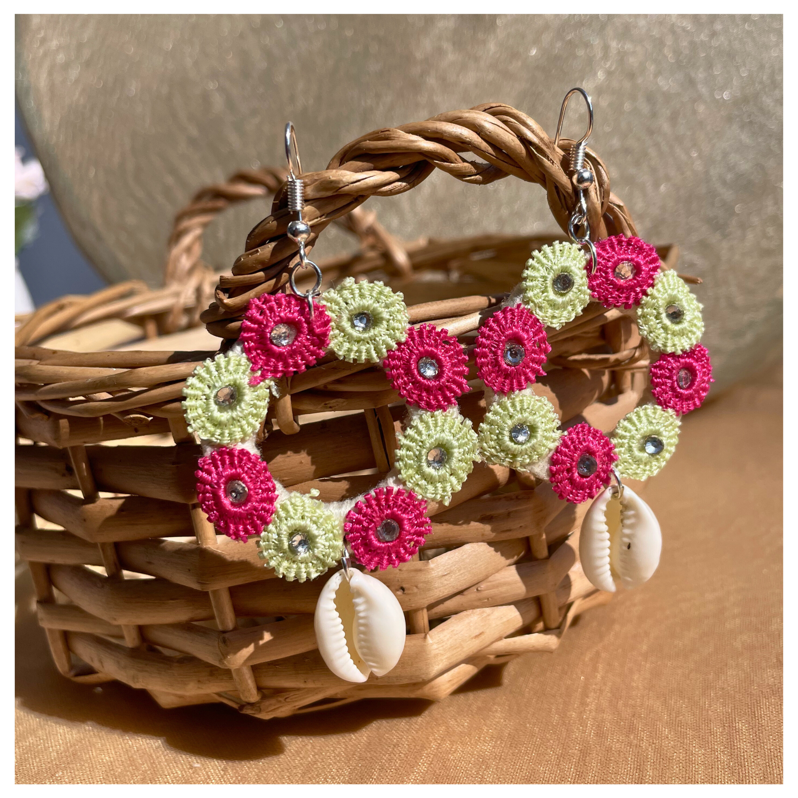 Handmade Floral Shell Hoop  Multi-Color Earrings