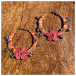 Handmade thread hoop earrings orange mirror work flower ghunghru SauGaat Uttarakhand