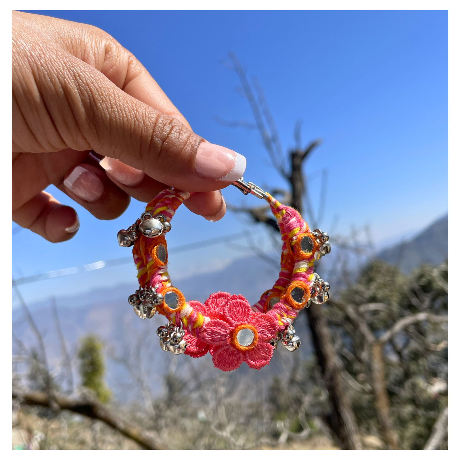 Handmade thread hoop earrings orange mirror work flower ghunghru SauGaat Uttarakhand