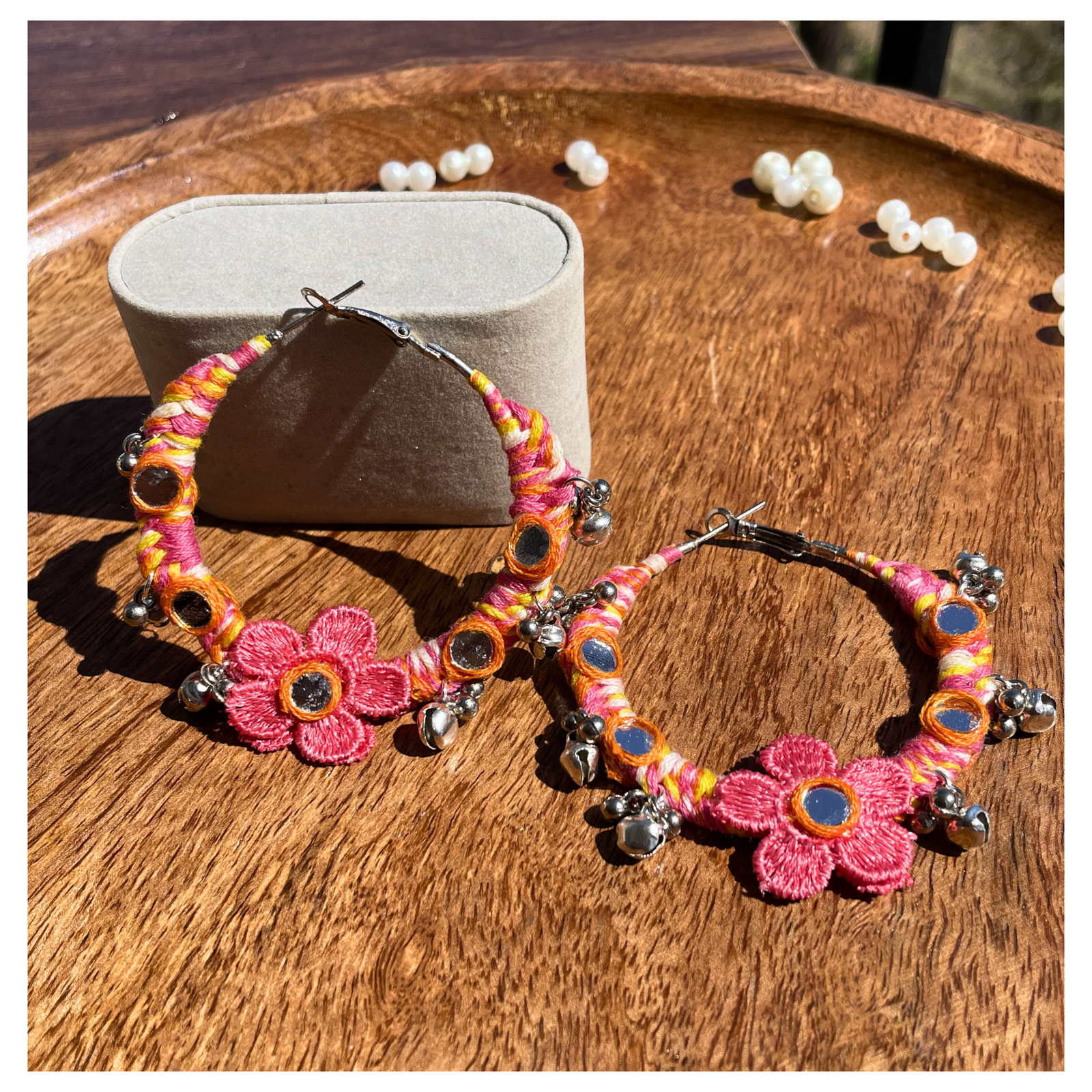 Handmade thread hoop earrings orange mirror work flower ghunghru SauGaat Uttarakhand