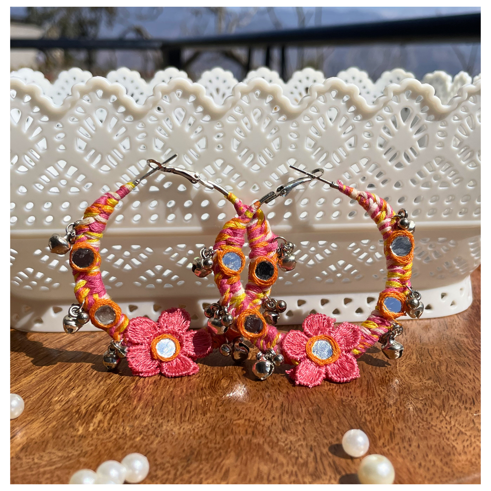 Handmade thread hoop earrings orange mirror work flower ghunghru SauGaat Uttarakhand