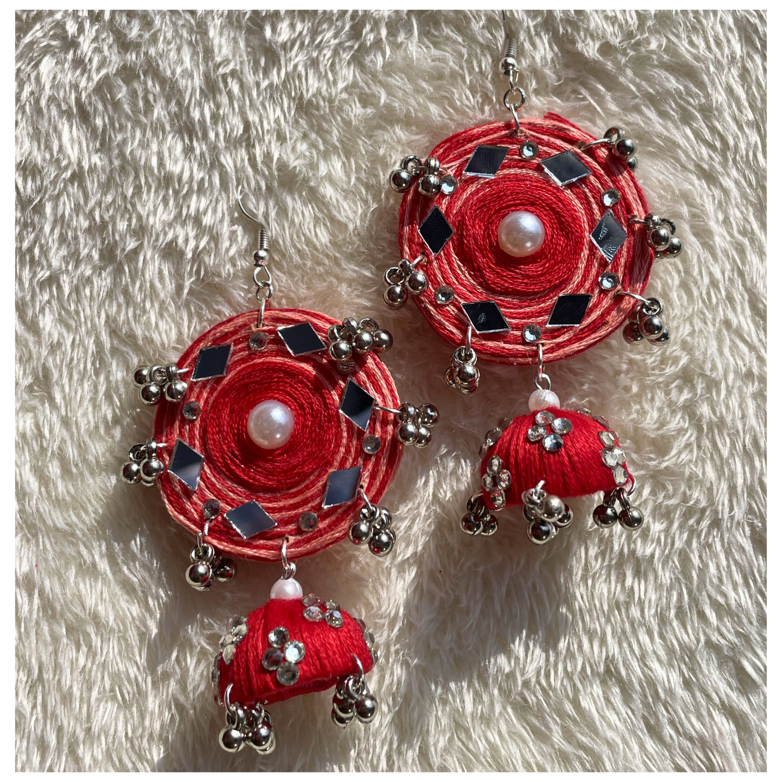 Handmade embroidered jhumka earrings ruby royale mirror work pearl SauGaat Uttarakhand