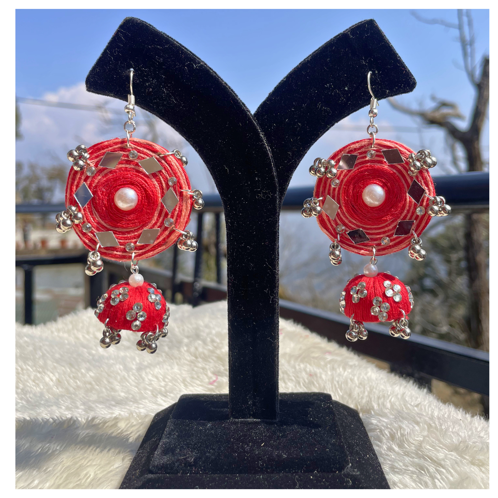 Handmade embroidered jhumka earrings ruby royale mirror work pearl SauGaat Uttarakhand