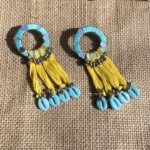Handmade mirror hoop earrings sky blue tassel cowrie shell SauGaat Uttarakhand