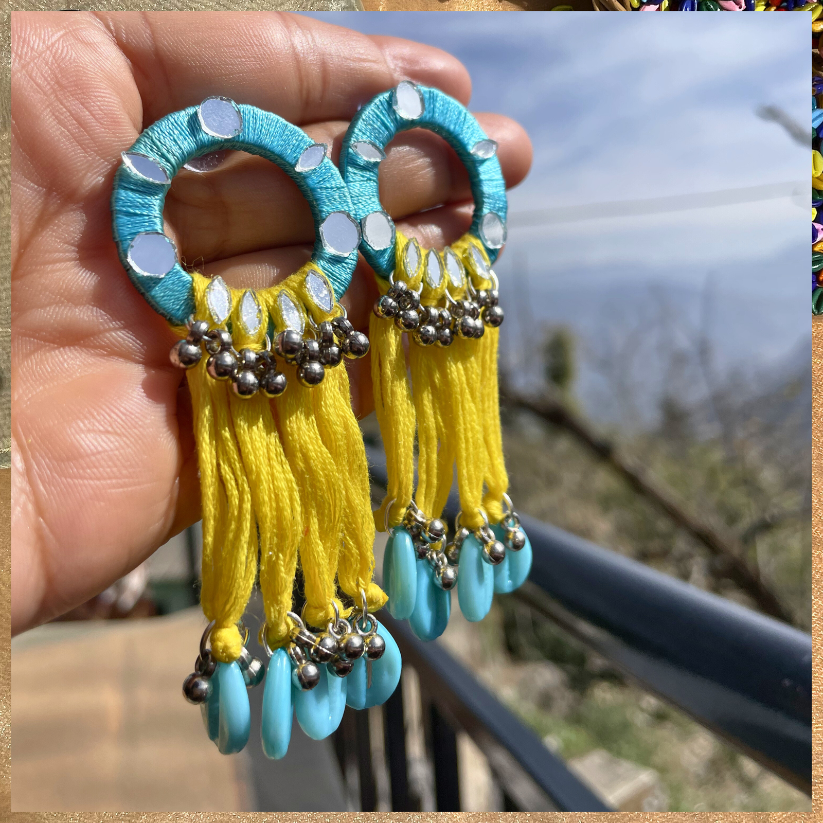 Handmade mirror hoop earrings sky blue tassel cowrie shell SauGaat Uttarakhand