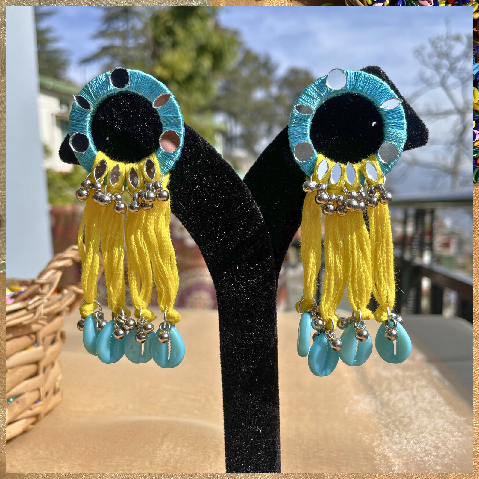 Handmade mirror hoop earrings sky blue tassel cowrie shell SauGaat Uttarakhand