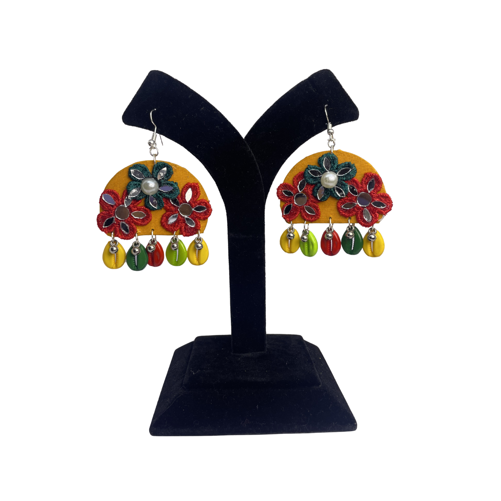 Handmade mirror work fabric earrings royale mustard cowrie shell drops SauGaat Uttarakhand