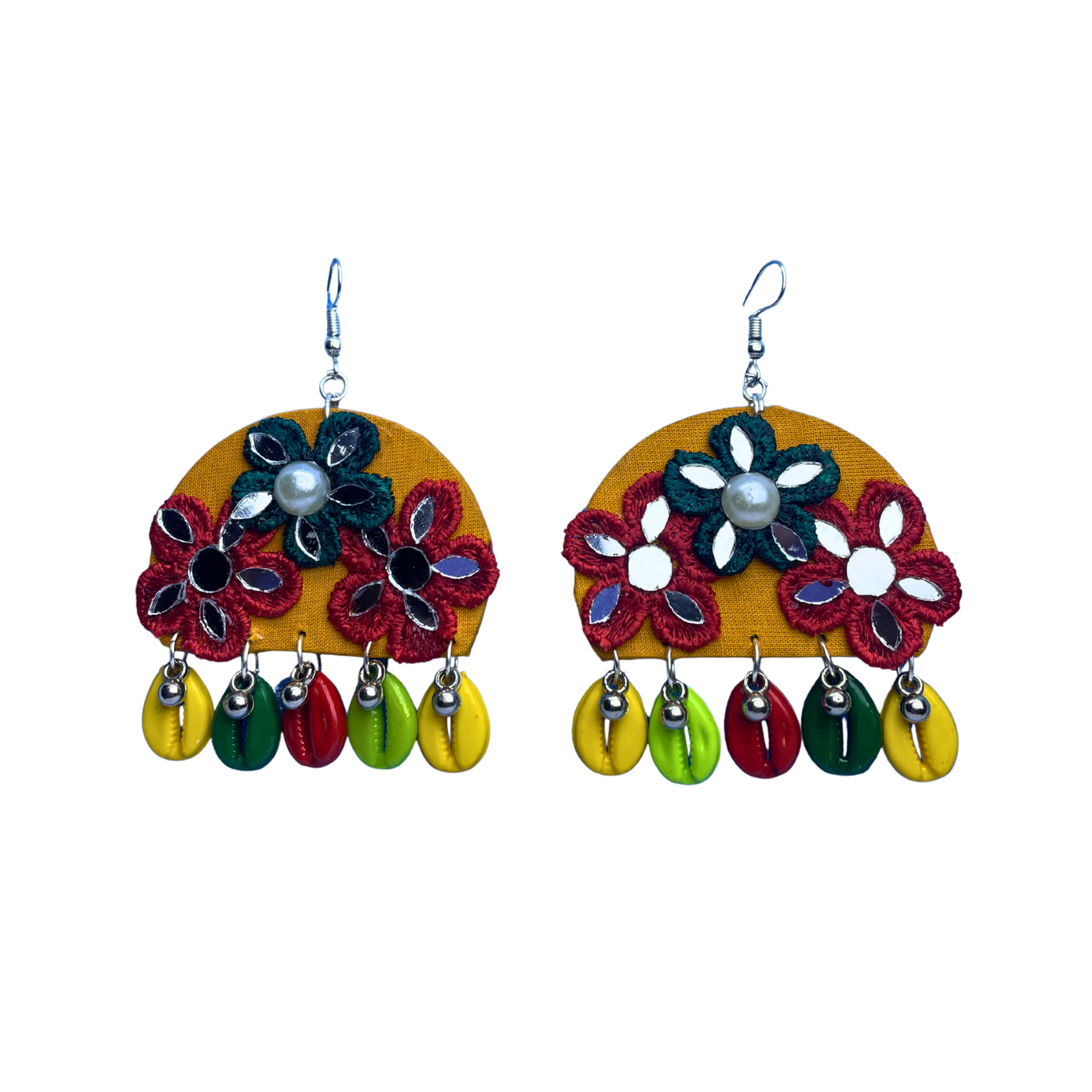 Handmade mirror work fabric earrings royale mustard cowrie shell drops SauGaat Uttarakhand