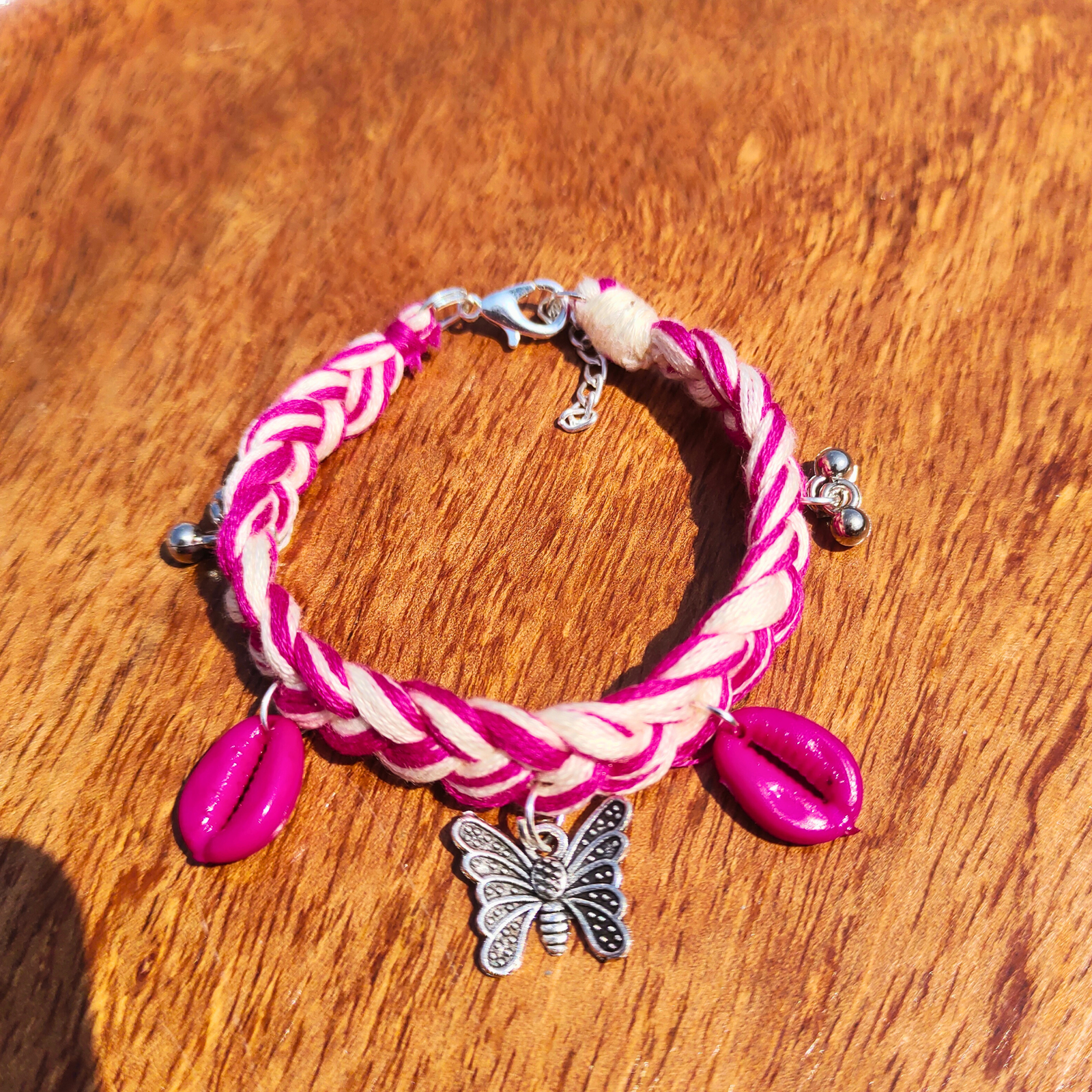 Handmade dual tone boho bracelet gulabi pink cowrie shell charm SauGaat Uttarakhand