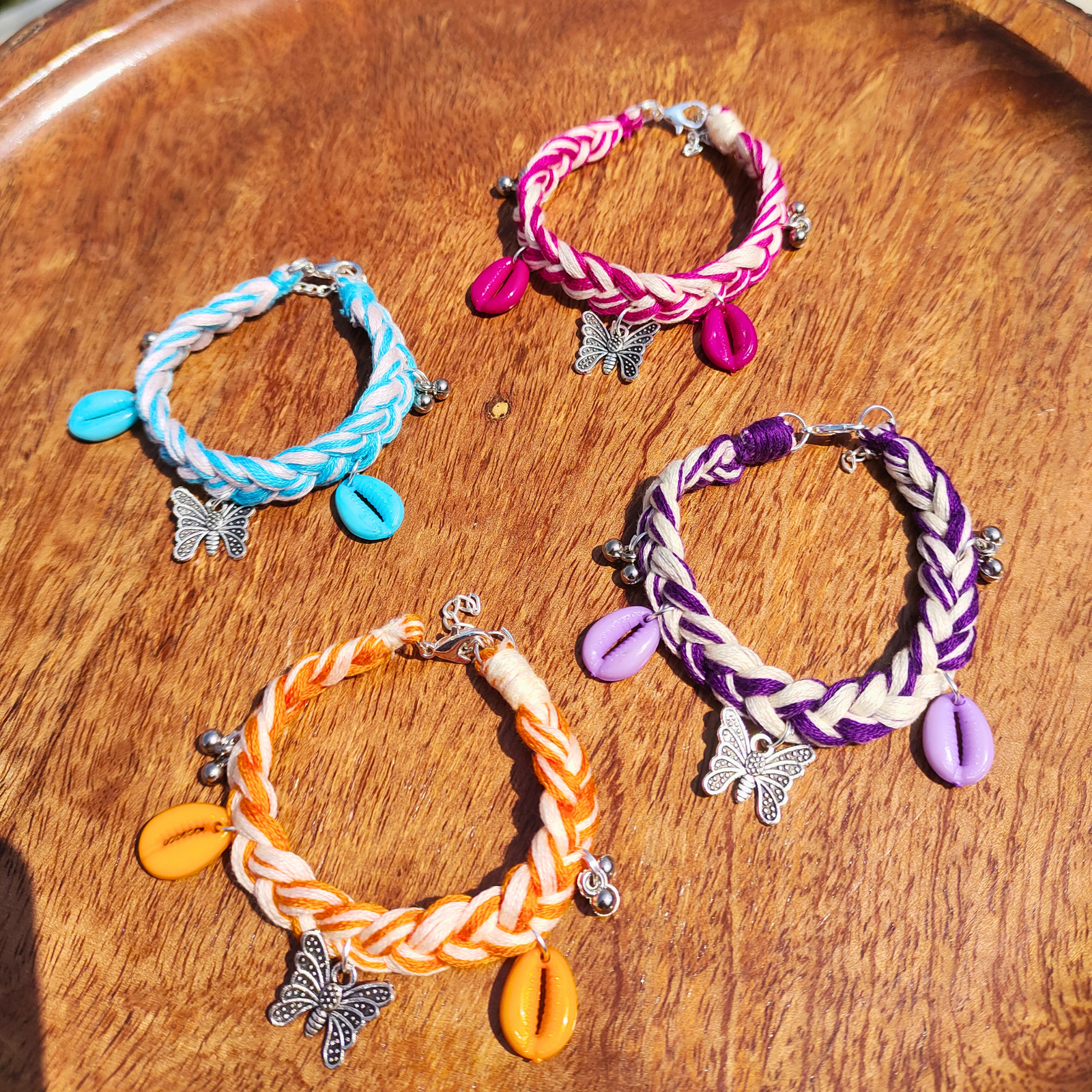 Boho braided bracelet set of 4 handmade with cowrie shells by SauGaat Handmade Uttarakhand
