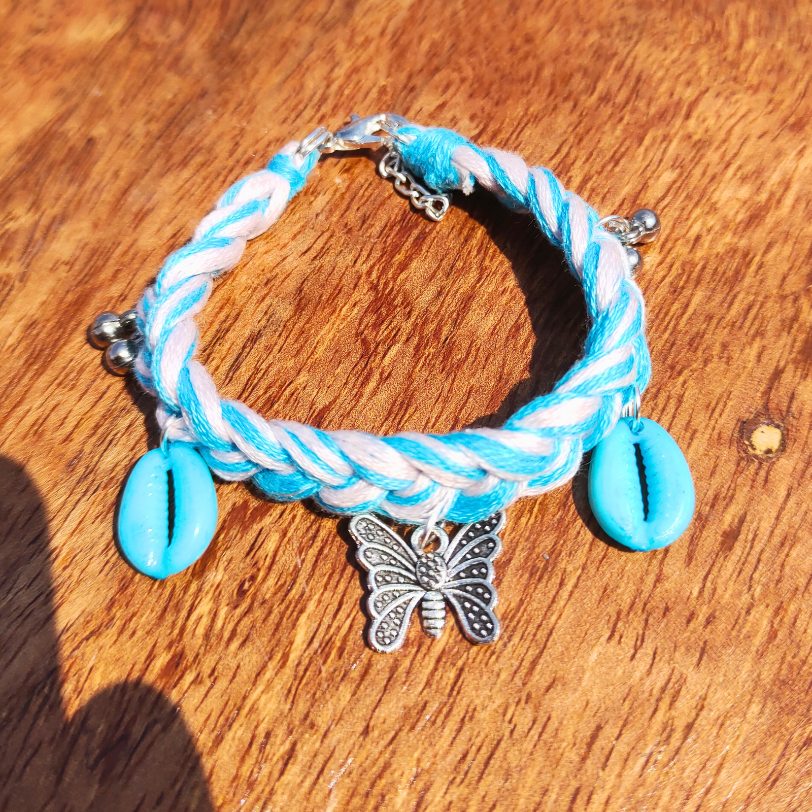 Handmade dual tone boho bracelet sky blue cowrie shell charm SauGaat Uttarakhand