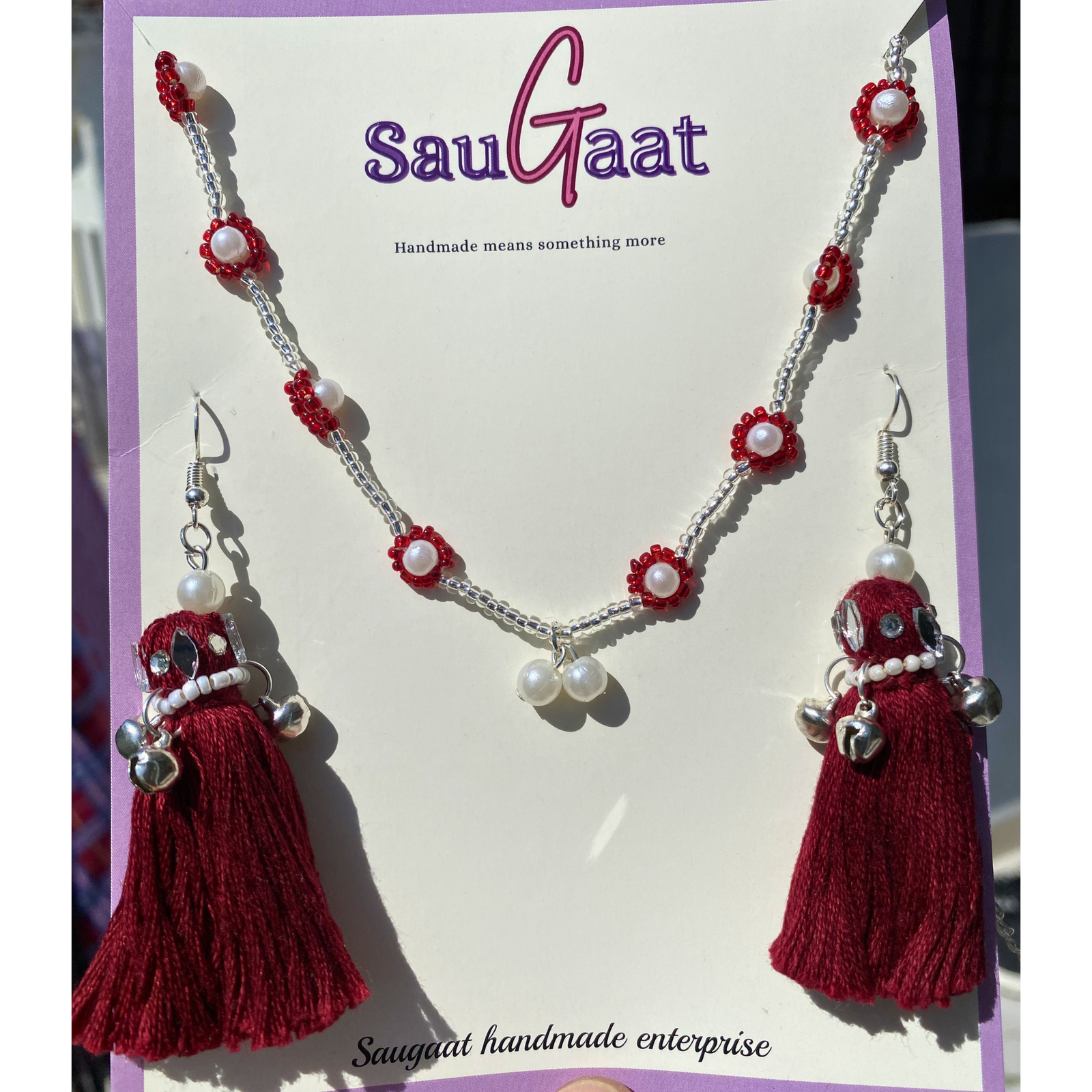 Hand-Beaded Pearl Necklace and Bohemian Tassel Earring Set