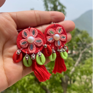 Handmade Mirror Work Thread Earrings with Cowrie Shells & Tassels