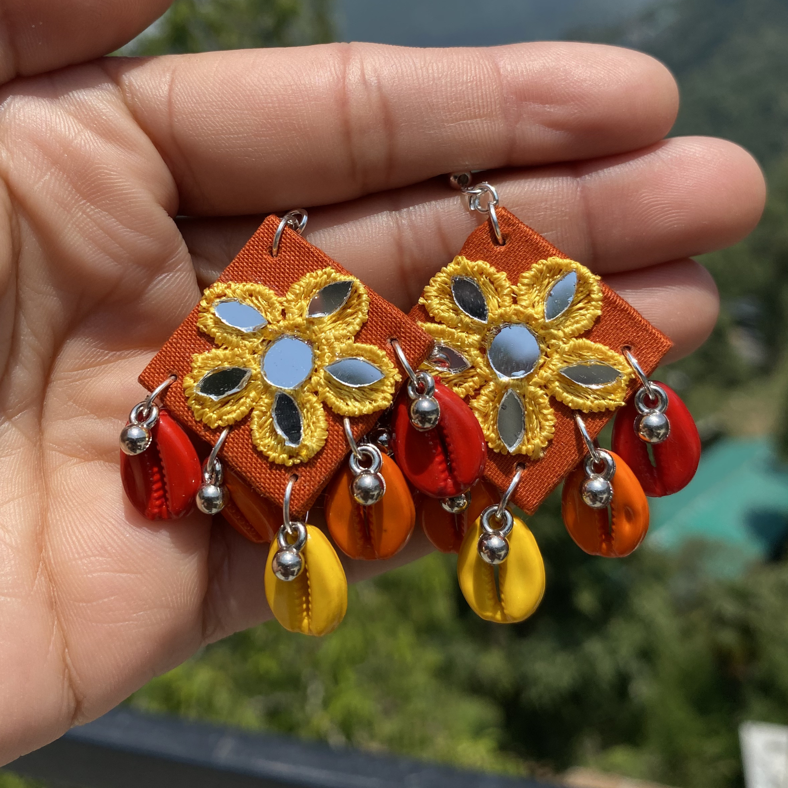 Handmade Mirror Work & Cowrie Shell Boho Earrings | Festival Statement Jewellery