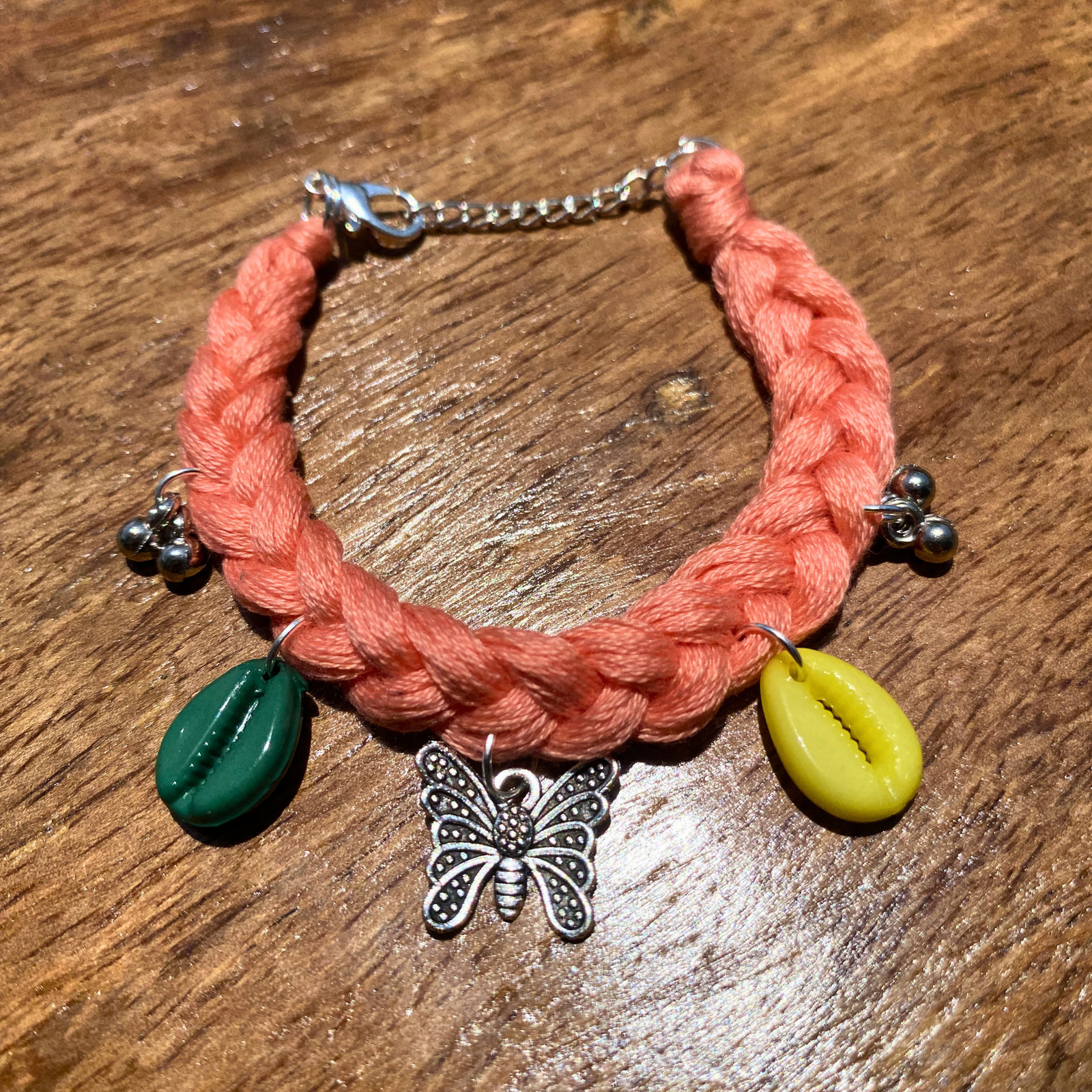 Handmade boho bracelet peach cowrie shell butterfly charm SauGaat Uttarakhand