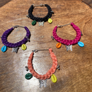 Handmade boho bracelet set of 4 black purple magenta peach cowrie shell butterfly charm by SauGaat Handmade Uttarakhand