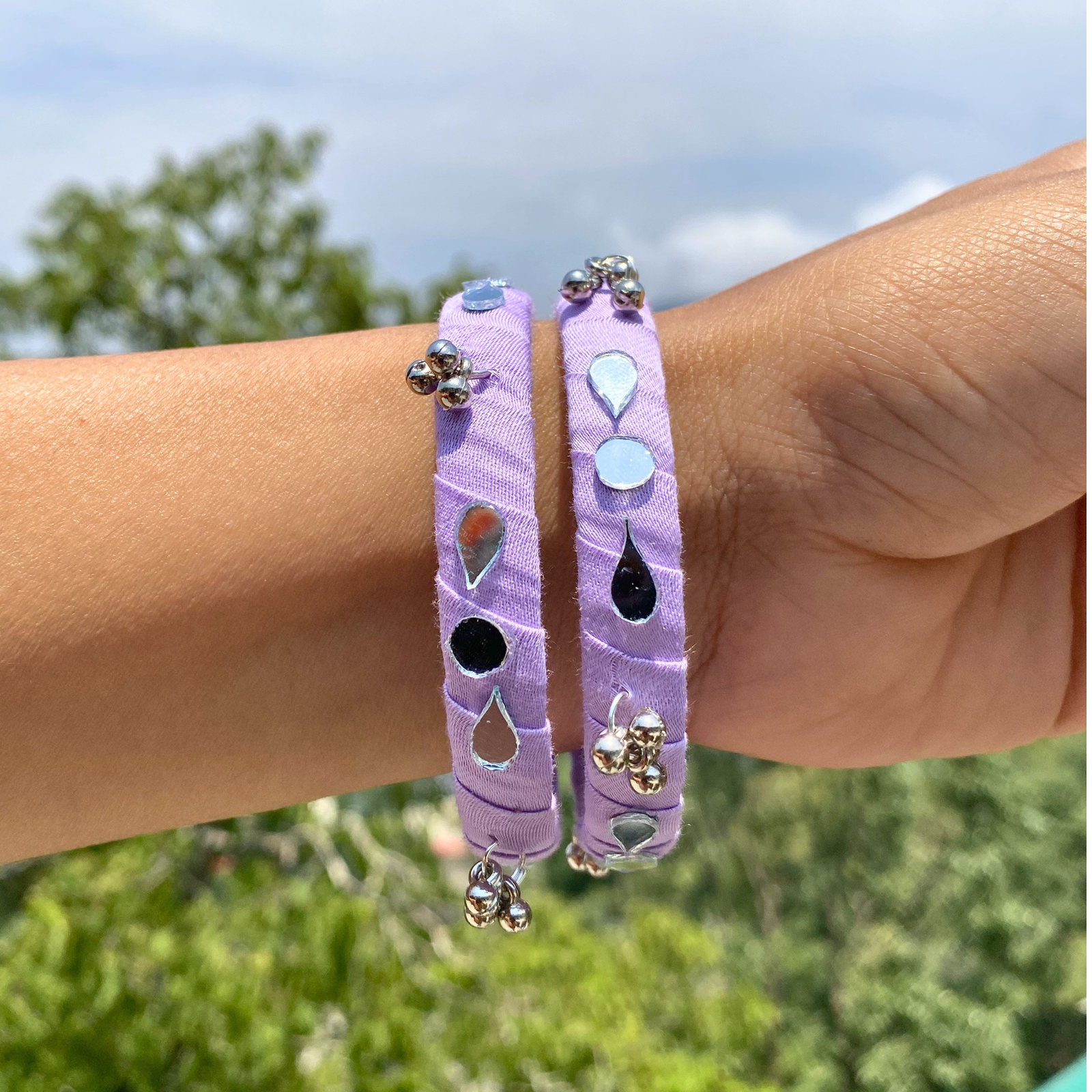 Handmade mirror work fabric bangle lavender ghunghru SauGaat Uttarakhand