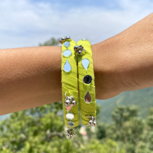 Handmade mirror work fabric bangle lime green ghunghru SauGaat Uttarakhand