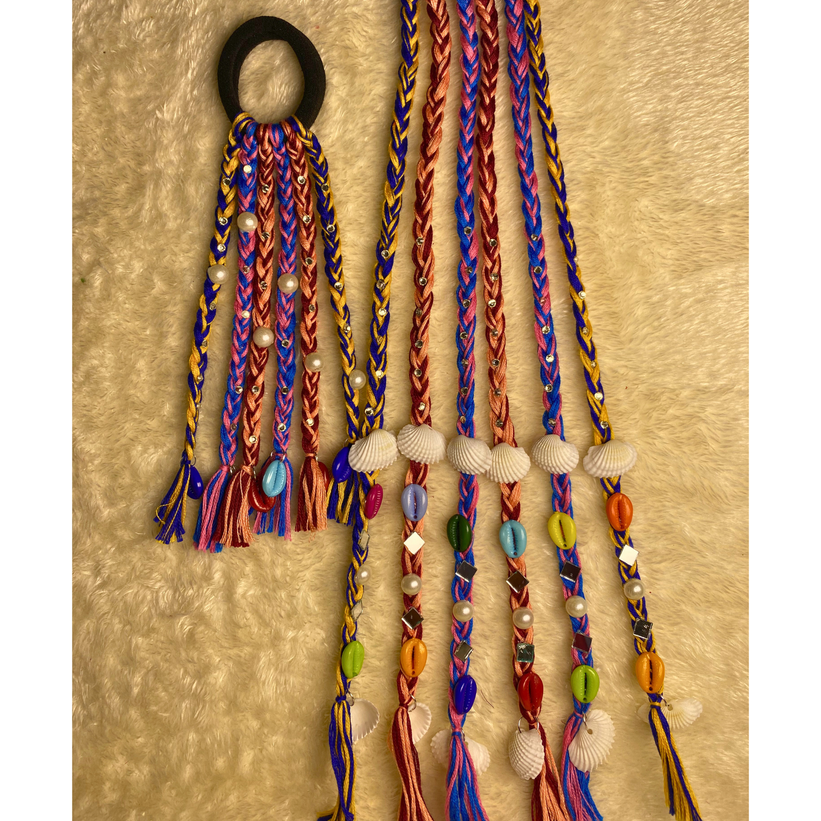 Multicolor boho hair string long with cowrie shell and mirror work