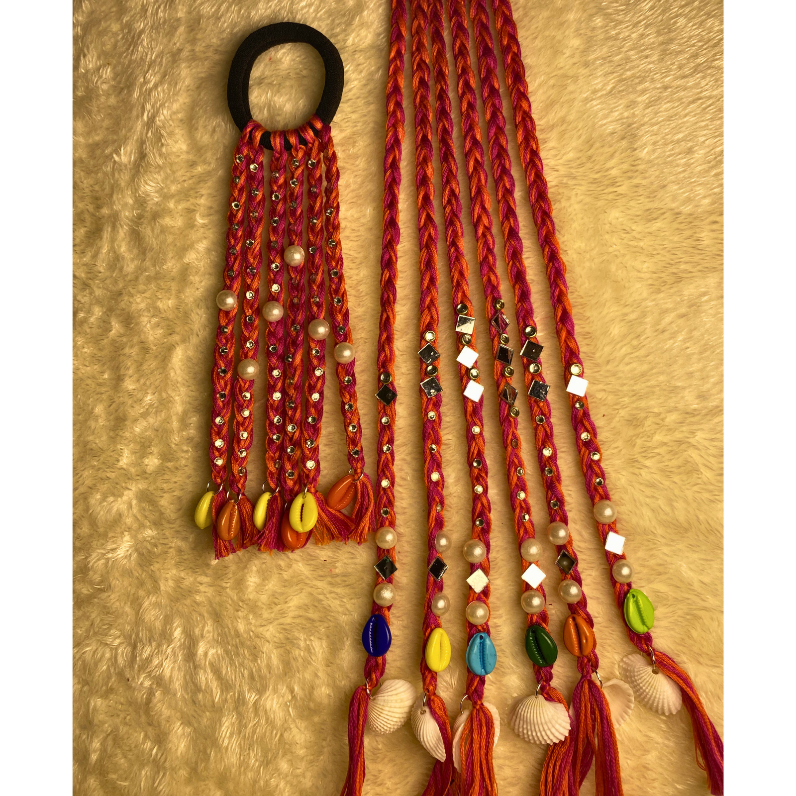 Pink orange boho hair string long with mirror work and sea shell charm
